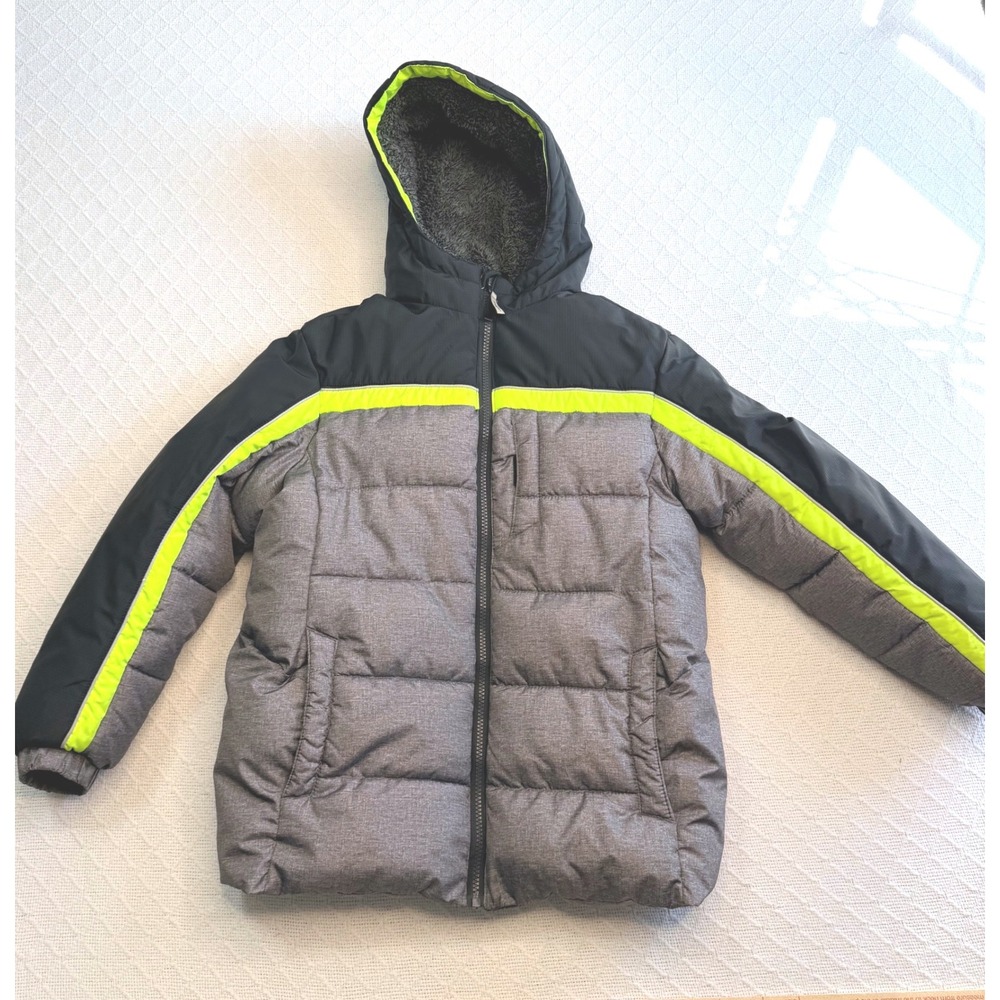 ZeroXposur Boys Puffer Jacket Gray Black Neon Green Hooded Winter Coat L 10/12